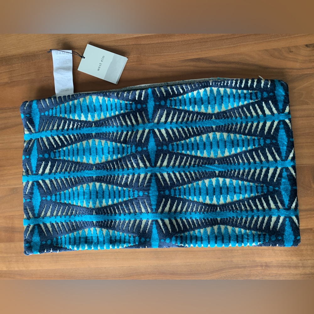 3 West Elm Pillow Covers Cream, Deep Blue & Turquoise Patterned. 12” x 21”.